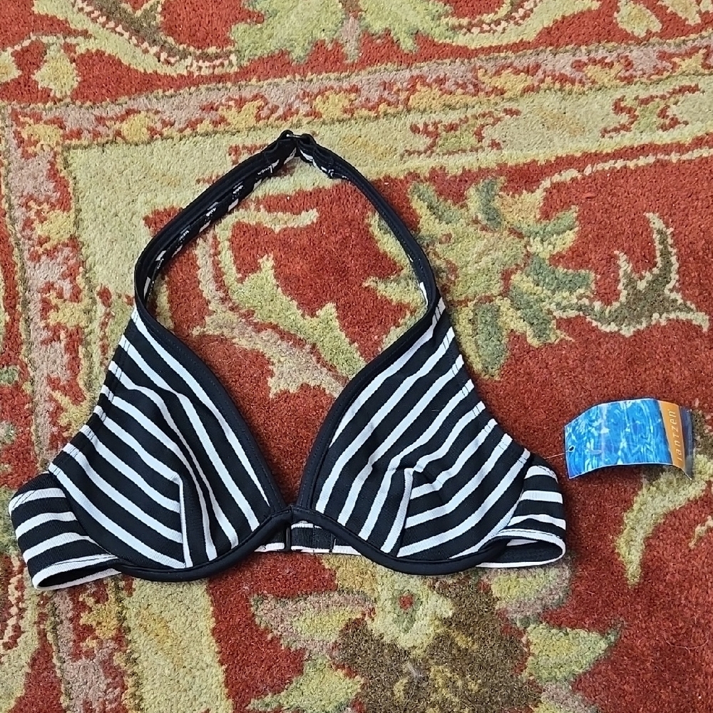 Jantzen Black and White Striped Bikini Halter Top